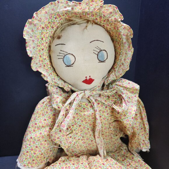 Vintage Handmade Cloth Rag Prairie Girl Doll 21'' with Floral Yellow Dress - Picture 3 of 8
